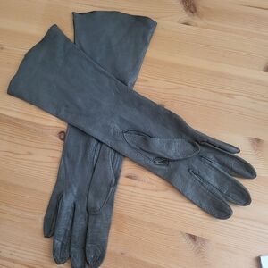 Vintage Green Gray Raw Edge Kidskin Long Gloves